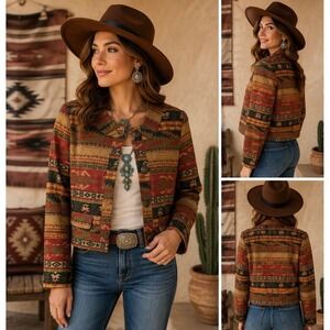 Chico's Jacket Womens 0 4/6 Silk Blend Southwestern Aztec Tapestry Boho Santa Fe